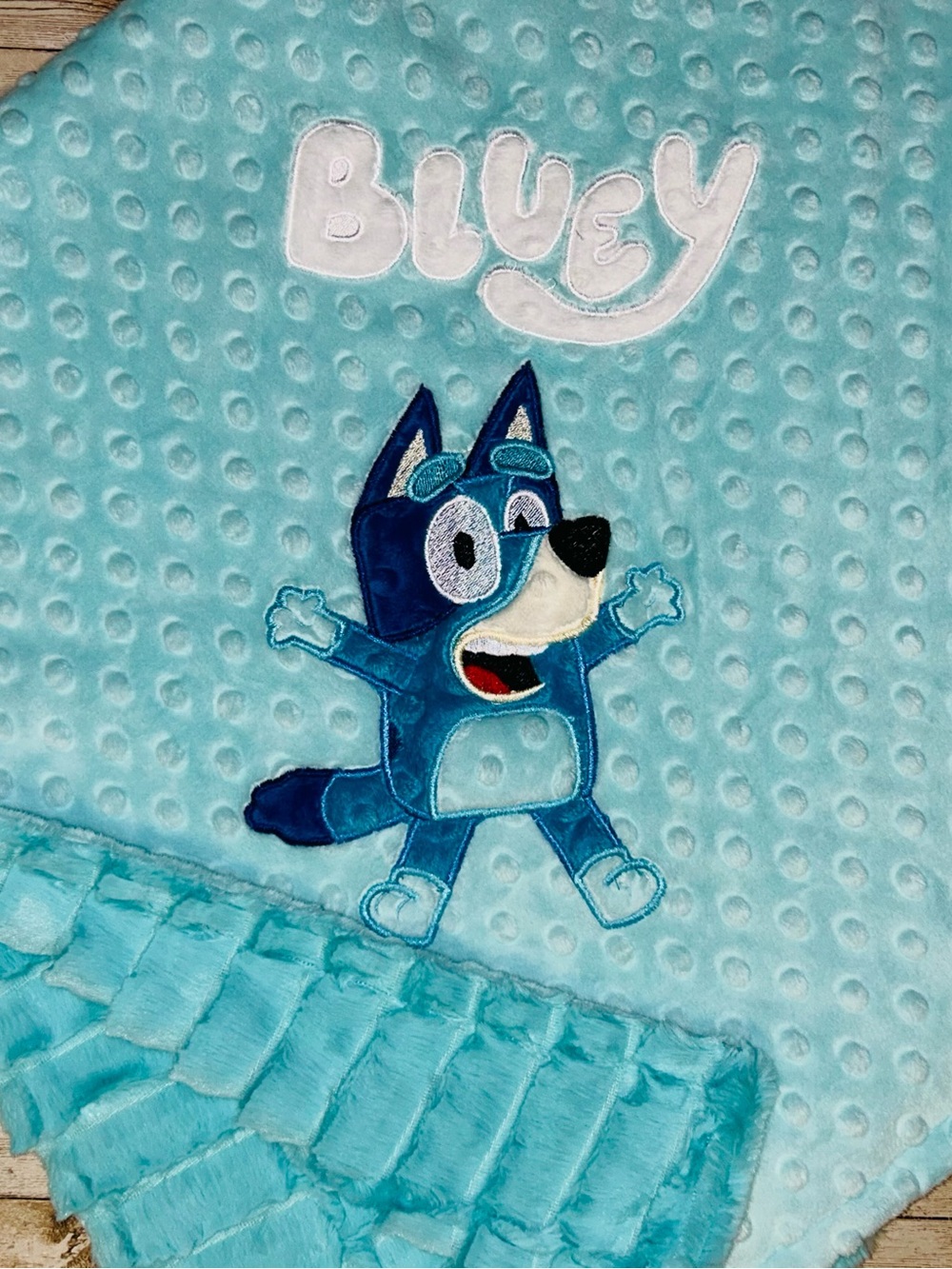 Handmade Bluey Minky Blanket- Plush Textured Kids Blanket–Aqua Large Size 36x59